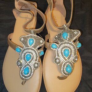 Torrid Brown Turquoise Stone T-Strap Sandal Size 8 WW Htf Wide Wide Rhinestone